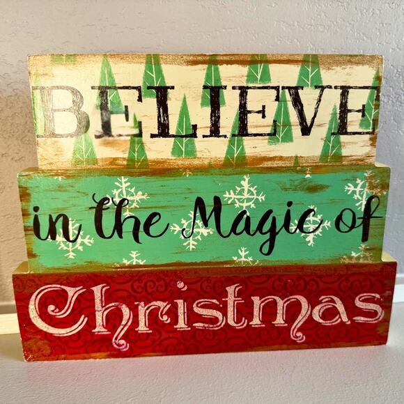 Double-Sided Wood Block Sign | Grateful Thankful Blessed / Believe in Christmas - Picture 3 of 8